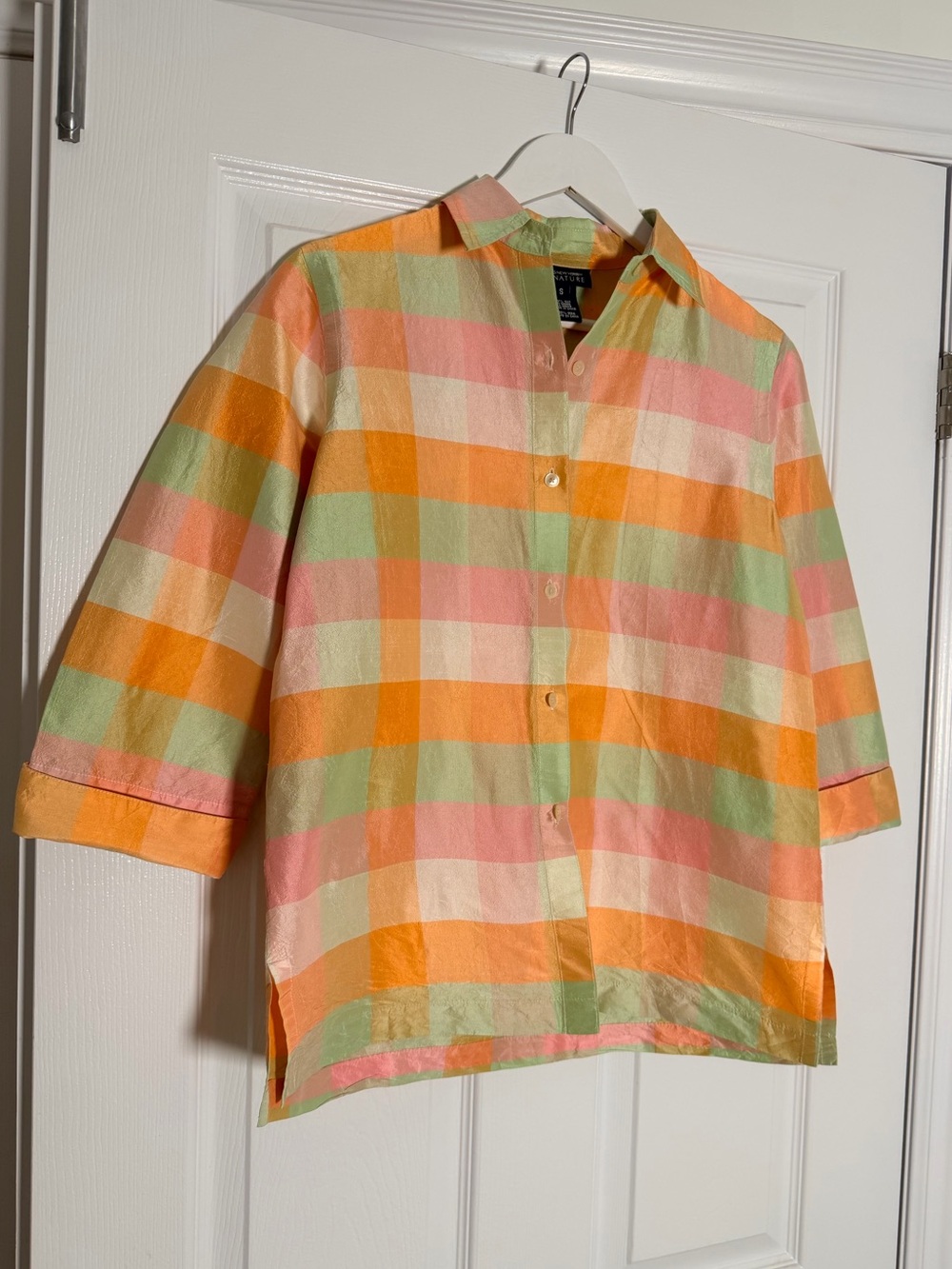 Vintage Jones New York 100% Silk Pastel Plaid Button Up Shirt S